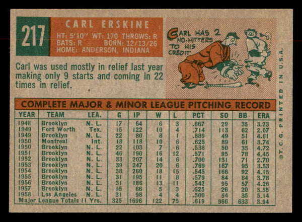 1959 Topps Baseball #217 Carl Erskine Dodgers EX-MT 552668