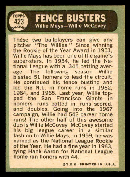 1967 Topps Baseball #423 Willie Mays Willie McCovey EX-MT 552710