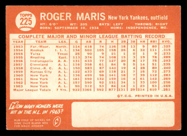 1964 Topps Baseball #225 Roger Maris Yankees EX 552712