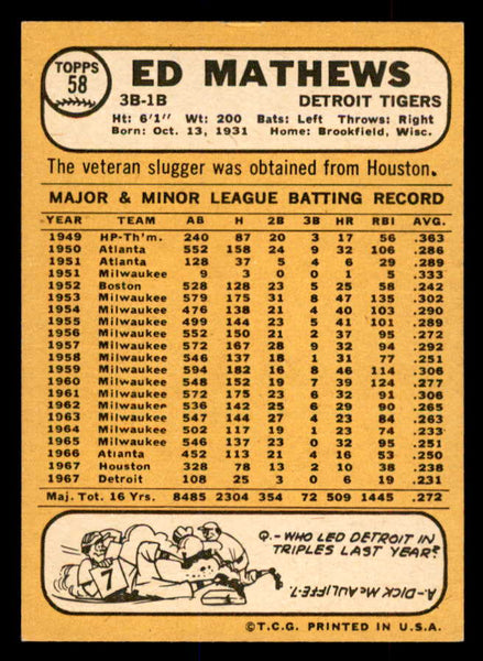 1968 Topps Baseball #058 Eddie Mathews Tigers NR-MT 552733