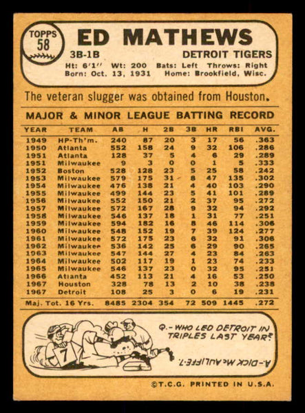 1968 Topps Baseball #058 Eddie Mathews Tigers EX 552734