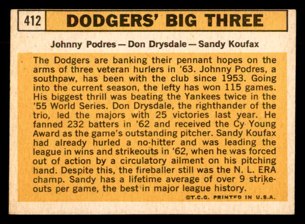 1963 Topps Baseball #412 Sandy Koufax Don Drysdale EX-MT 552744
