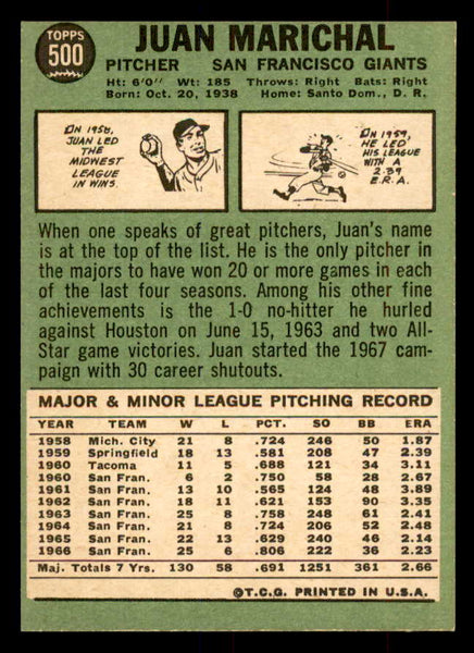 1967 Topps Baseball #500 Juan Marichal Giants EX+/EX-MT 552753