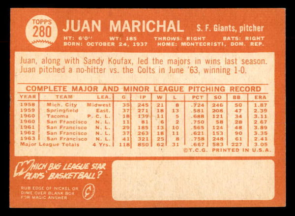 1964 Topps Baseball #280 Juan Marichal Giants EX-MT 552756