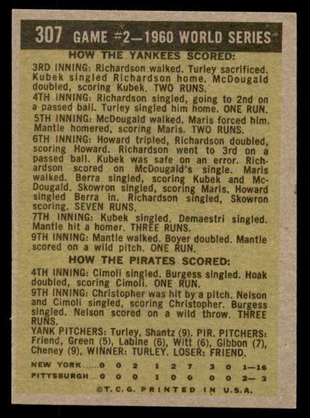 1961 Topps Baseball #307 World Series Game 2 Mickey Mantle EX+/EX-MT 552764