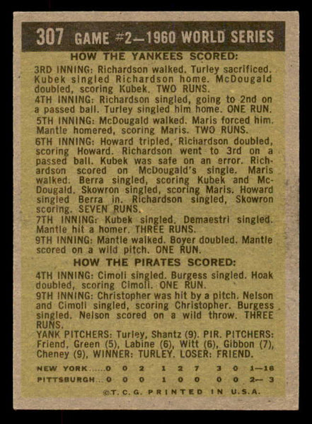 1961 Topps Baseball #307 World Series Game 2 Mickey Mantle EX 552765