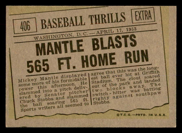 1961 Topps Baseball #406 Mickey Mantle IA Yankees EX+/EX-MT 552766