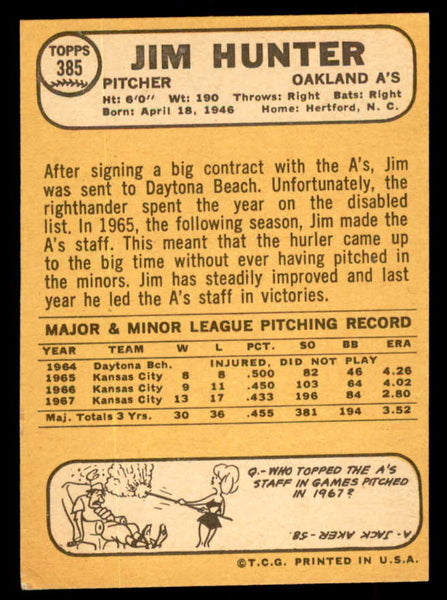 1968 Topps Baseball #385 Catfish Hunter A's NR-MT 552804