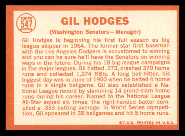 1964 Topps Baseball #547 Gil Hodges Senators EX-MT/NR-MT 552811