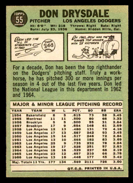 1967 Topps Baseball #055 Don Drysdale Dodgers NR-MT 552837