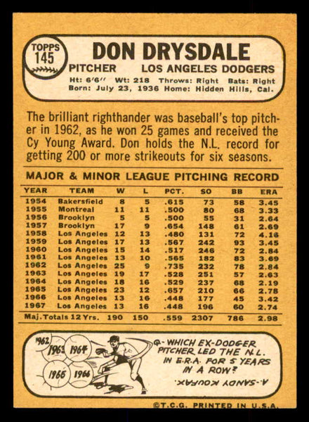 1968 Topps Baseball #145 Don Drysdale Dodgers NR-MT 552838