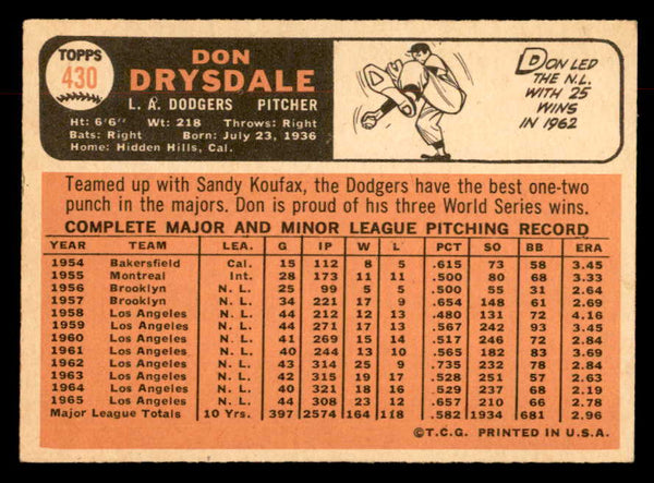 1966 Topps Baseball #430 Don Drysdale Dodgers EX-MT 552839