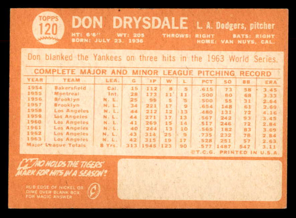 1964 Topps Baseball #120 Don Drysdale Dodgers EX-MT 552841
