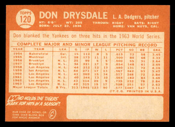 1964 Topps Baseball #120 Don Drysdale Dodgers NR-MT 552842