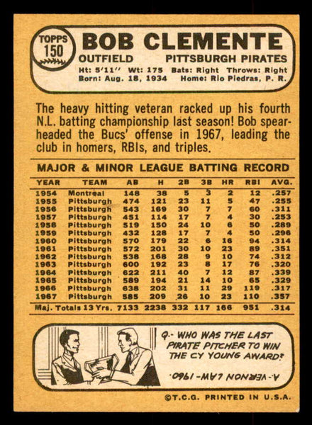 1968 Topps Baseball #150 Roberto Clemente Pirates NR-MT 552847