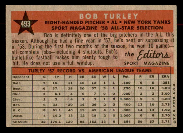 1958 Topps Baseball #493 Bob Turley A.S. Yankees EX-MT 552946