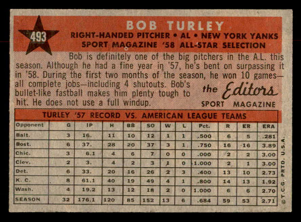 1958 Topps Baseball #493 Bob Turley A.S. Yankees EX-MT 552947
