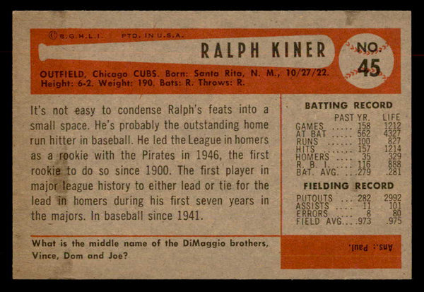 1954 Bowman Baseball #045 Ralph Kiner Cubs EX-MT 552973
