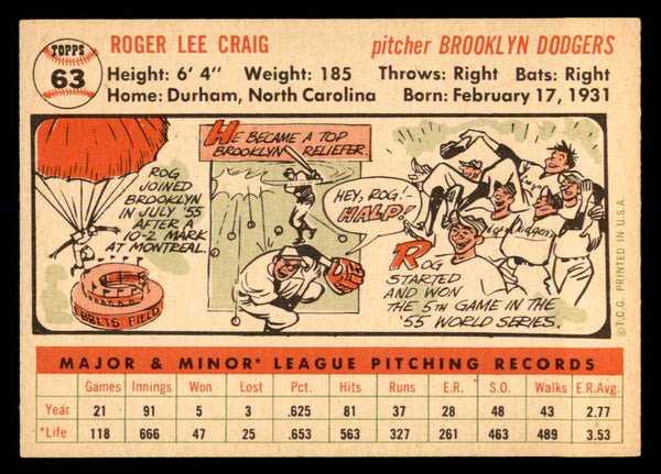 1956 Topps Baseball #063 Roger Craig Dodgers EX-MT White 552977