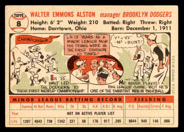 1956 Topps Baseball #008 Walter Alston Dodgers EX-MT White 552979
