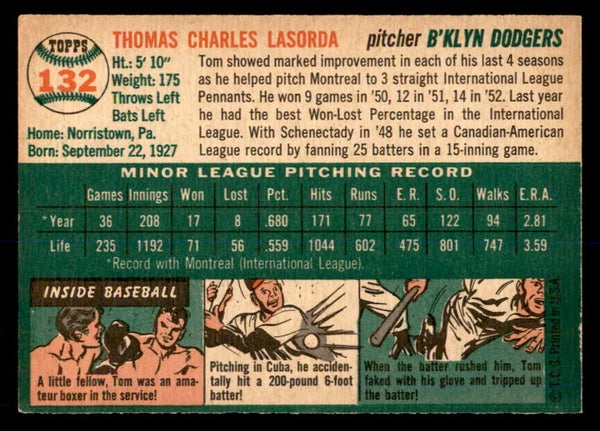 1954 Topps Baseball #132 Tom Lasorda Dodgers EX+/EX-MT 552985