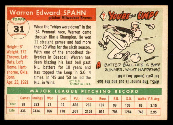 1955 Topps Baseball #031 Warren Spahn Braves EX-MT 552990