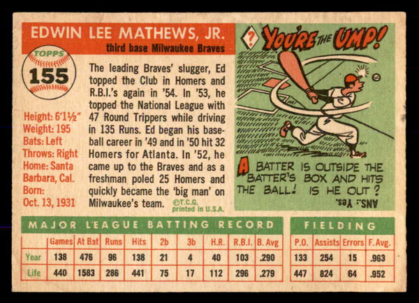 1955 Topps Baseball #155 Eddie Mathews Braves VG-EX 552994