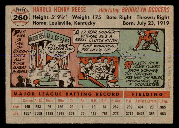 1956 Topps Baseball #260 Pee Wee Reese Dodgers EX-MT 553002