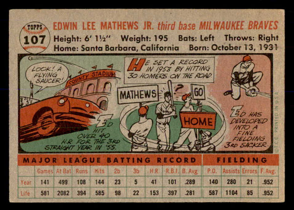 1956 Topps Baseball #107 Eddie Mathews Braves EX Gray 553004