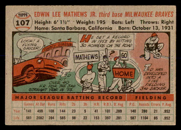 1956 Topps Baseball #107 Eddie Mathews Braves EX-MT Gray 553005