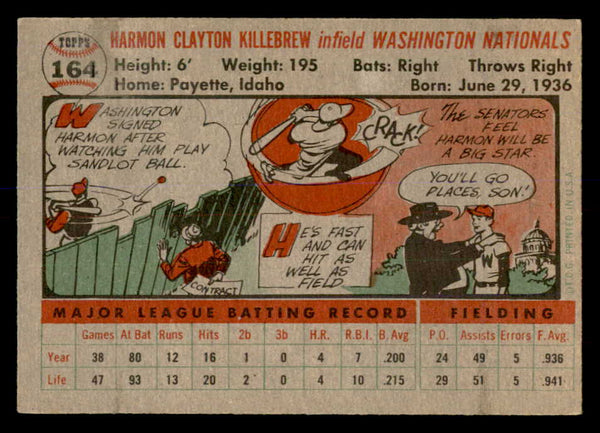 1956 Topps Baseball #164 Harmon Killebrew Senators EX-MT Gray 553007