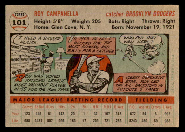1956 Topps Baseball #101 Roy Campanella Dodgers EX-MT Gray 553017