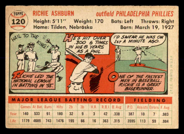 1956 Topps Baseball #120 Richie Ashburn Phillies VG-EX White 553038