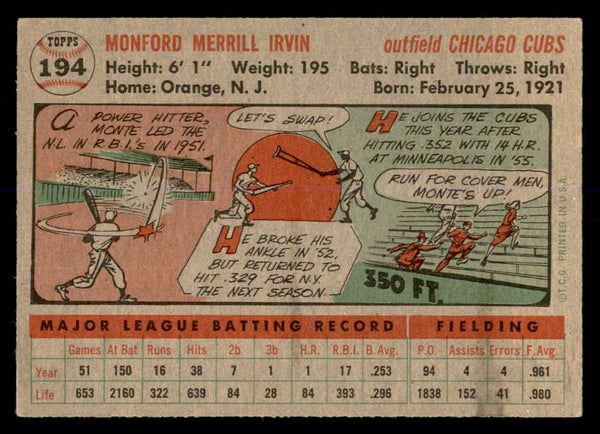 1956 Topps Baseball #194 Monte Irvin Cubs VG-EX 553047