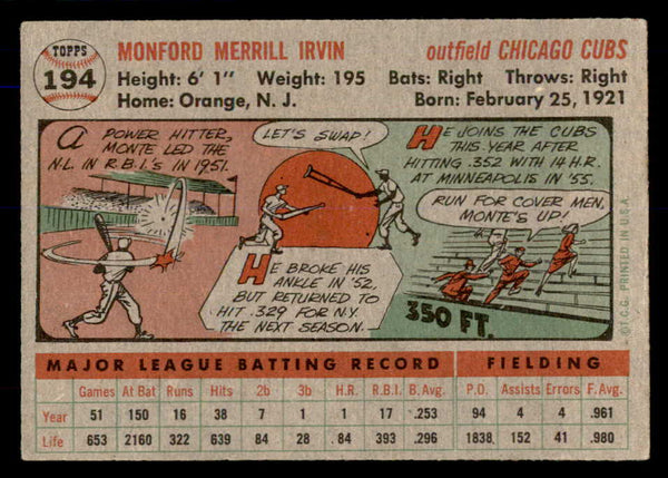 1956 Topps Baseball #194 Monte Irvin Cubs EX 553055