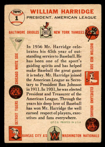 1956 Topps Baseball #001 William Harridge President VG-EX White 553069