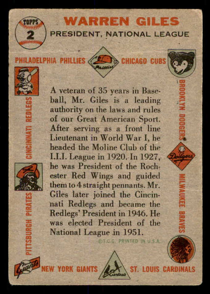 1956 Topps Baseball #002 Warren Giles President VG Gray 553070