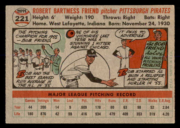 1956 Topps Baseball #221 Bob Friend Pirates EX+/EX-MT 553072
