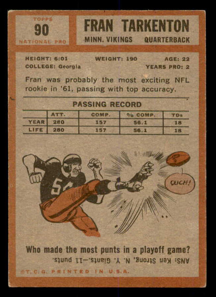 1962 Topps Football #090 Fran Tarkenton Vikings VG-EX 553074