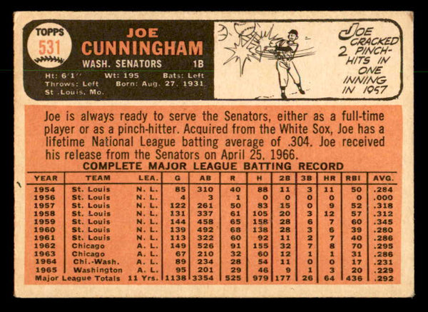 1966 Topps Baseball #531 Joe Cunningham Senators EX 553089