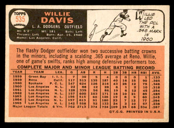 1966 Topps Baseball #535 Willie Davis Dodgers EX 553097
