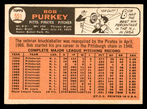 1966 Topps Baseball #551 Bob Purkey Pirates EX-MT 553122