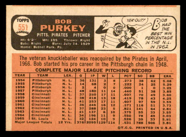 1966 Topps Baseball #551 Bob Purkey Pirates VG-EX 553123