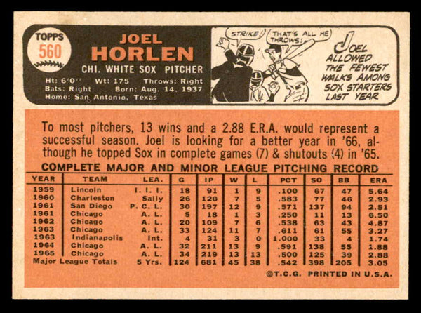1966 Topps Baseball #560 Joel Horlen White Sox NR-MT 553138