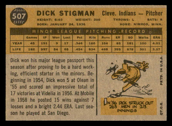 1960 Topps Baseball #507 Dick Stigman Indians EX+/EX-MT 553200