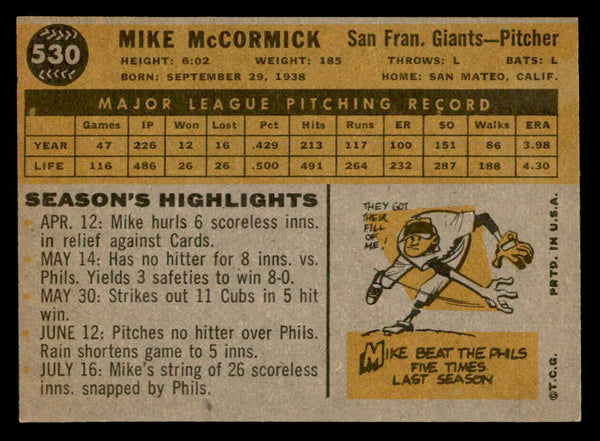 1960 Topps Baseball #530 Mike McCormick Giants NR-MT 553227