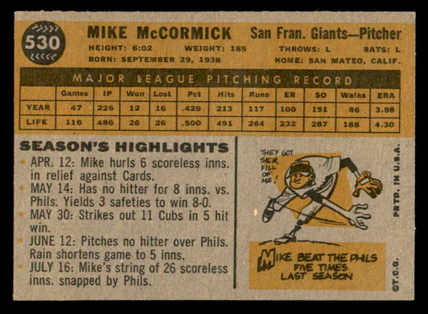 1960 Topps Baseball #530 Mike McCormick Giants EX-MT 553228