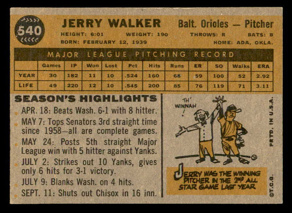 1960 Topps Baseball #540 Jerry Walker Orioles EX-MT 553242