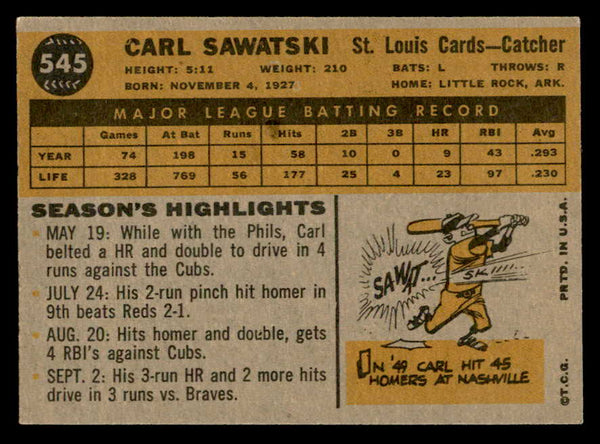 1960 Topps Baseball #545 Carl Sawatski Cardinals VG-EX 553248