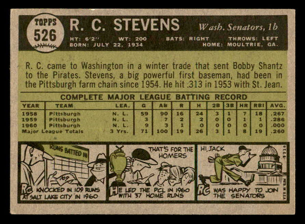 1961 Topps Baseball #526 R.C. Stevens Senators EX-MT 553272